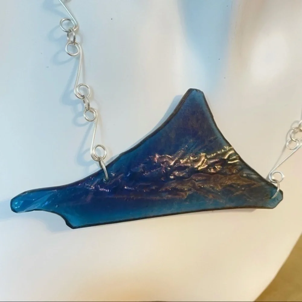 Handmade Iridescent Textured Blue Glass Link Statement Necklace Luxe Unique Gift